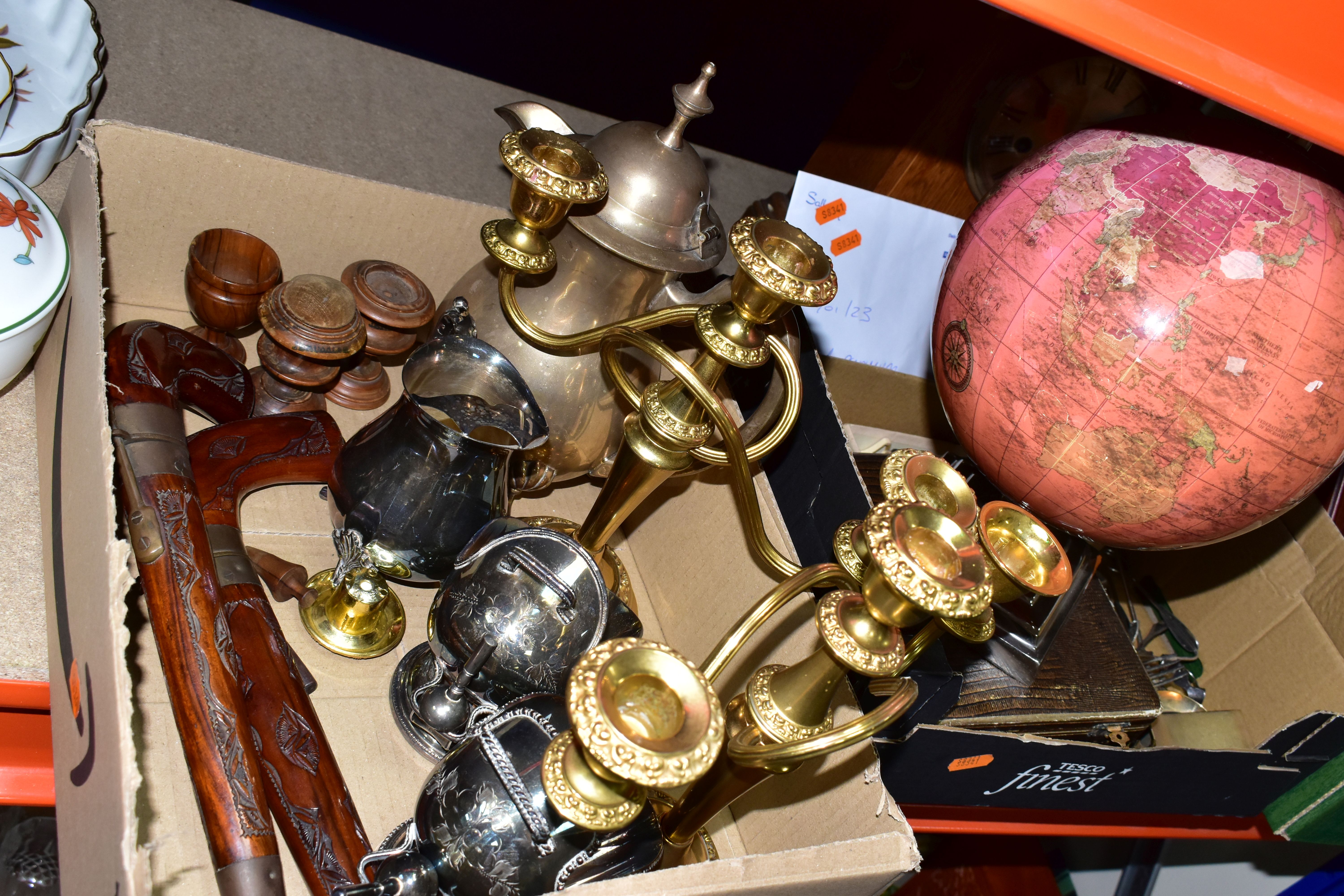 THREE BOXES OF METALWARE AND FRAMED PRINTS, to include a pair of gold gilt candelabras, silver plate - Image 3 of 7