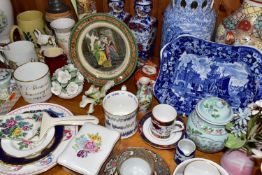 A GROUP OF CERAMICS, to include a Chinese Rose Medallion teacup and saucer (old repair to handle,