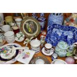 A GROUP OF CERAMICS, to include a Chinese Rose Medallion teacup and saucer (old repair to handle,