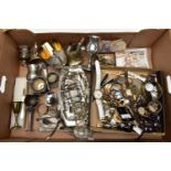 A BOX OF ASSORTED WHITE METAL WARE WITH COSTUME JEWELLERY, to include an EP toast rack, two white