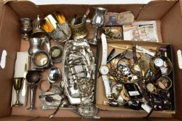 A BOX OF ASSORTED WHITE METAL WARE WITH COSTUME JEWELLERY, to include an EP toast rack, two white