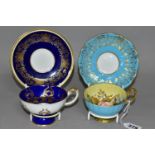 TWO AYNSLEY CABINET TEACUPS AND SAUCERS, comprising a turquoise cup and saucer, the interior of