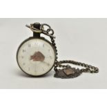 A SILVER OPEN FACE POCKET WATCH AND ALBERT CHAIN, key wound watch, white damaged ceramic dial,