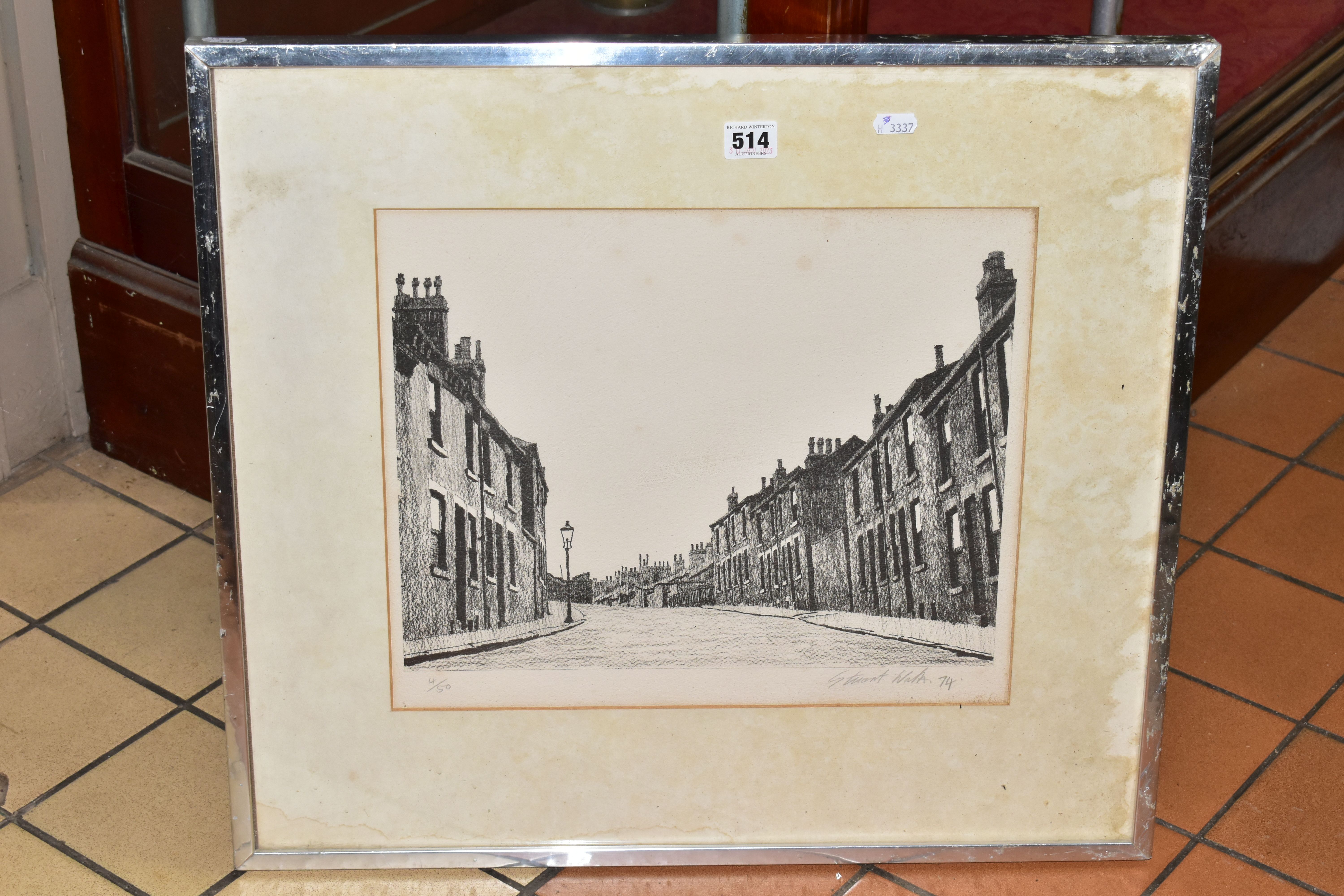 STEWART WALTON (BRITISH 1933) A SIGNED LIMITED EDITION PRINT DEPICTING ROWS OF TERRACED HOUSES,