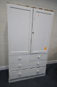 A VICTORIAN WHITE PAINTED HOUSE KEEPERS CUPBOARD, the top with two cupboard doors, enclosing three