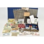 A CARDBOARD BOX OF COIN AND COMMEMORATIVES, to include a boxed set of Mexico 13 silver plated