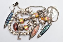 ASSORTED WHITE METAL JEWELLERY, to include a 'Thomas Sabo' beaded bracelet, fitted with three