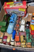 A BOX OF UNBOXED AND ASSORTED PLAYWORN DIECAST VEHICLES, to include Dinky Toys Standard Vanguard,