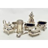 A GROUP OF FOUR SILVER CRUET ITEMS, TOGETHER WITH A SMALL QUANTITY OF EPNS ITEMS, to include a