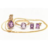 AN AMETHYST RING, PENDANT NECKLACE AND EARRINGS, the ring designed with a four claw set, oval cut