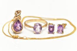 AN AMETHYST RING, PENDANT NECKLACE AND EARRINGS, the ring designed with a four claw set, oval cut