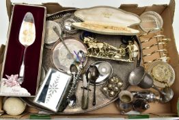 A SELECTION OF MAINLY SILVER PLATED WARE, to include a late Victorian silver bon bon dish with