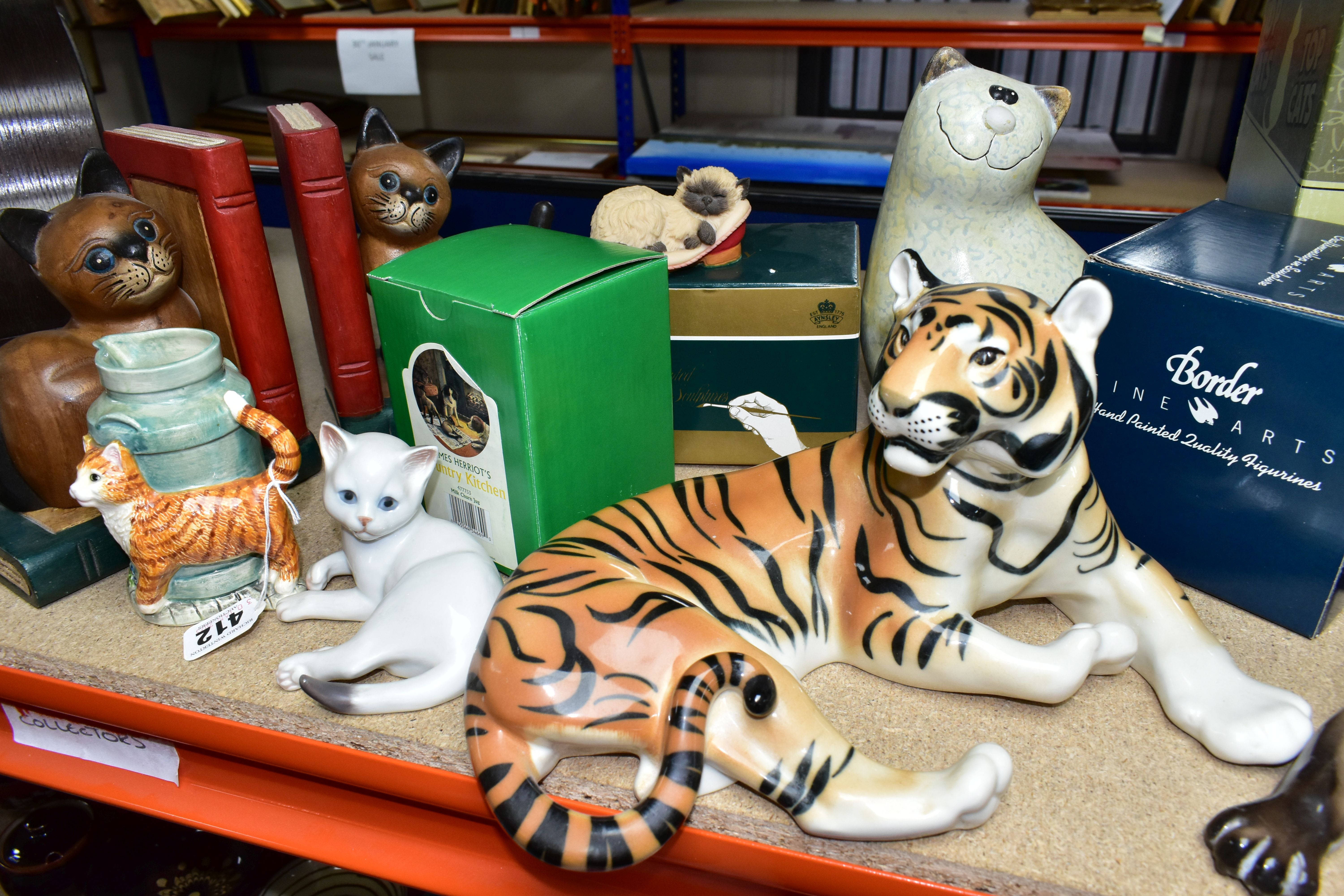 A COLLECTION OF TWELVE CAT FIGURINES AND A TIGER, comprising a Lomonosov Russian porcelain tiger - Image 4 of 6