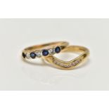 TWO 9CT GOLD GEM SET RINGS, the first a yellow gold, half eternity ring set with three blue