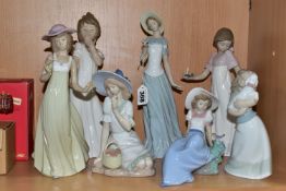 SEVEN NAO FIGURINES, comprising Girl Yawning, Gentle Breeze (loss of one flower petal), Listening to