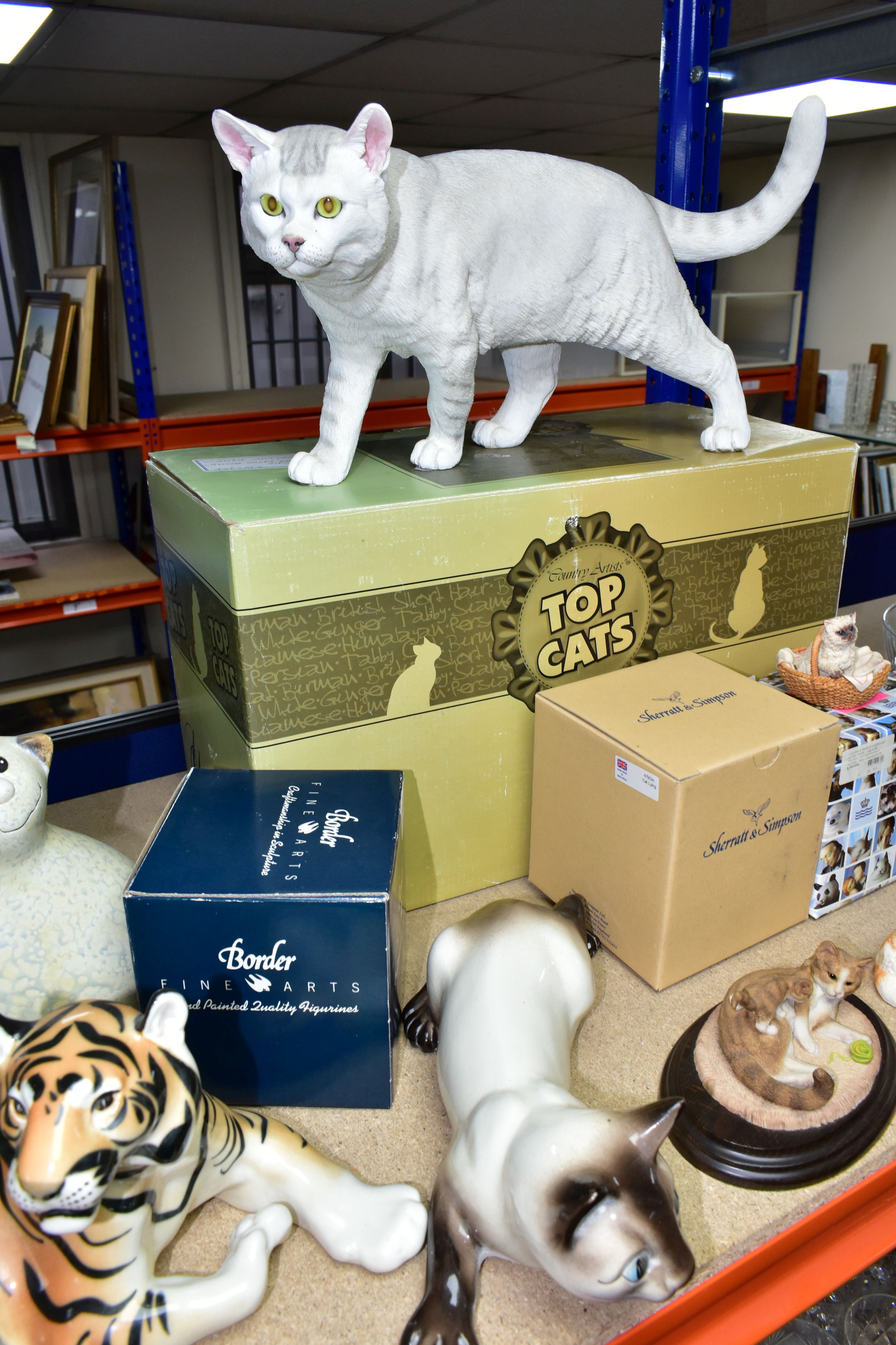 A COLLECTION OF TWELVE CAT FIGURINES AND A TIGER, comprising a Lomonosov Russian porcelain tiger - Image 3 of 6