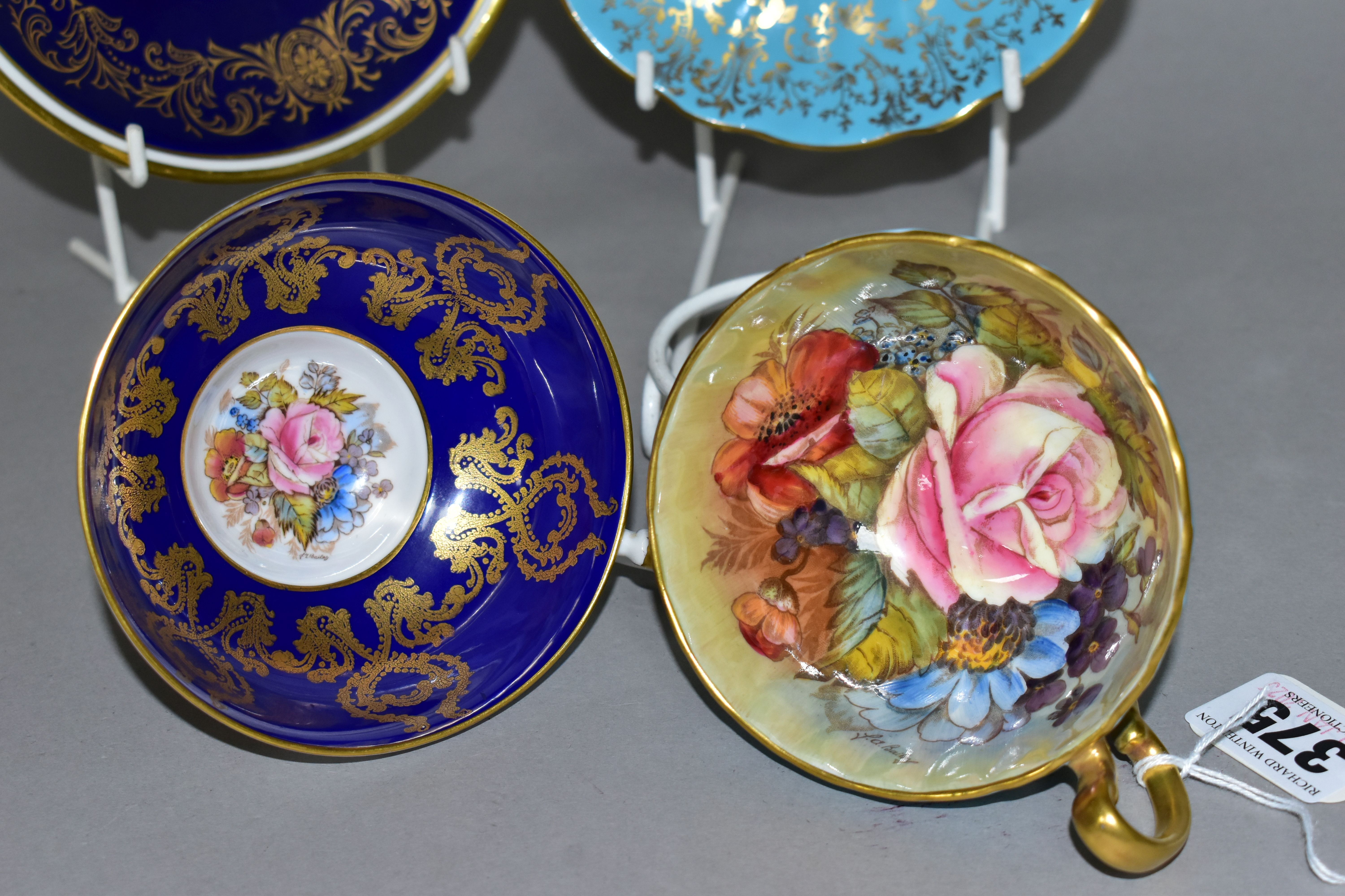 TWO AYNSLEY CABINET TEACUPS AND SAUCERS, comprising a turquoise cup and saucer, the interior of - Image 8 of 8