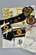 AN INTERESTING BOX OF NAVAL BULLION BADGES, to include shoulder epaulettes and insurance trade