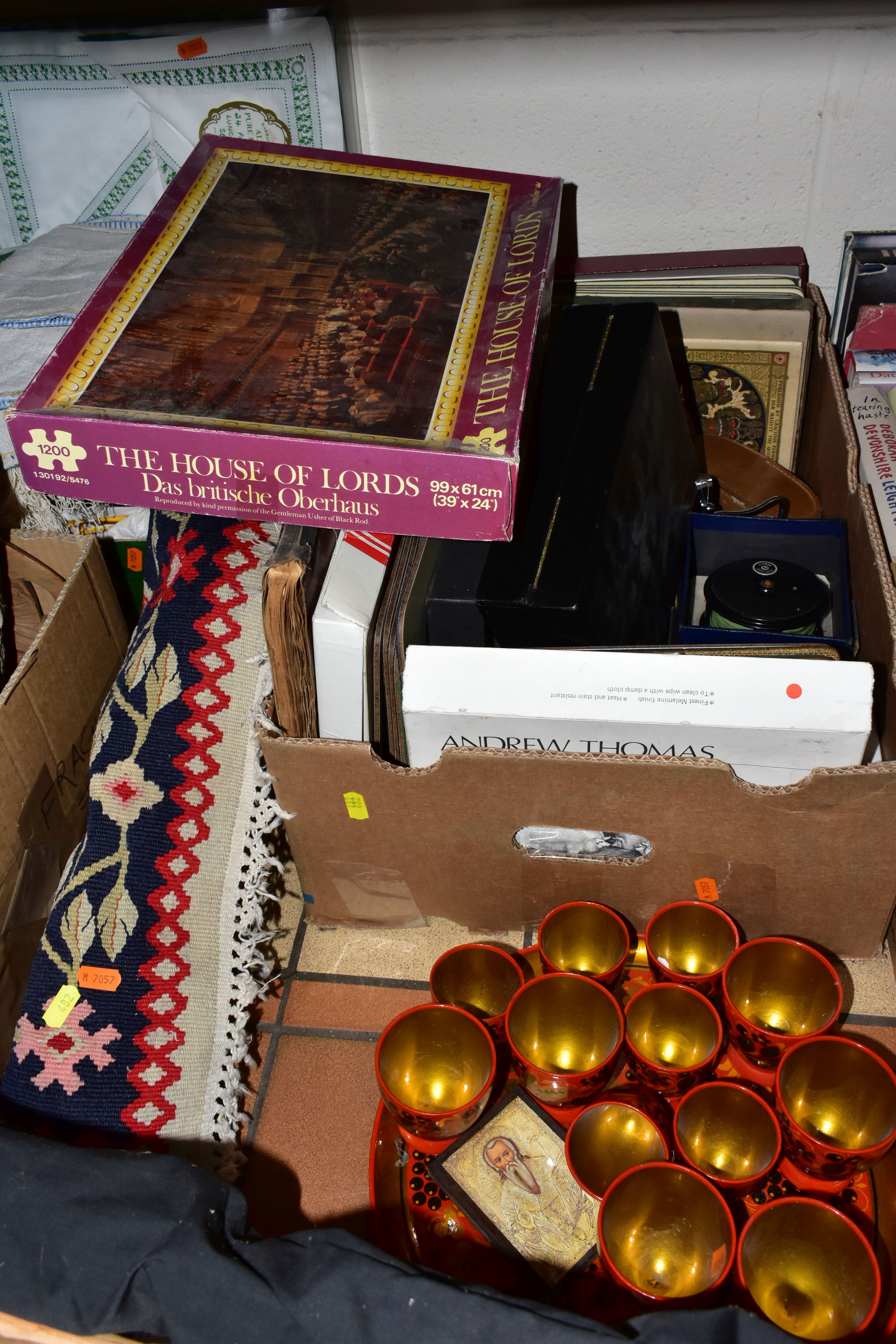 SIX BOXES AND LOOSE LINENS, FISHING ROD, AND SUNDRY ITEMS, to include a Shakespeare Radial Glider - Image 4 of 9