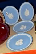 FIVE WEDGWOOD BLUE JASPER WARE CHRISTMAS CABINET PLATES, comprising 1992, 1994,1995, two 1996