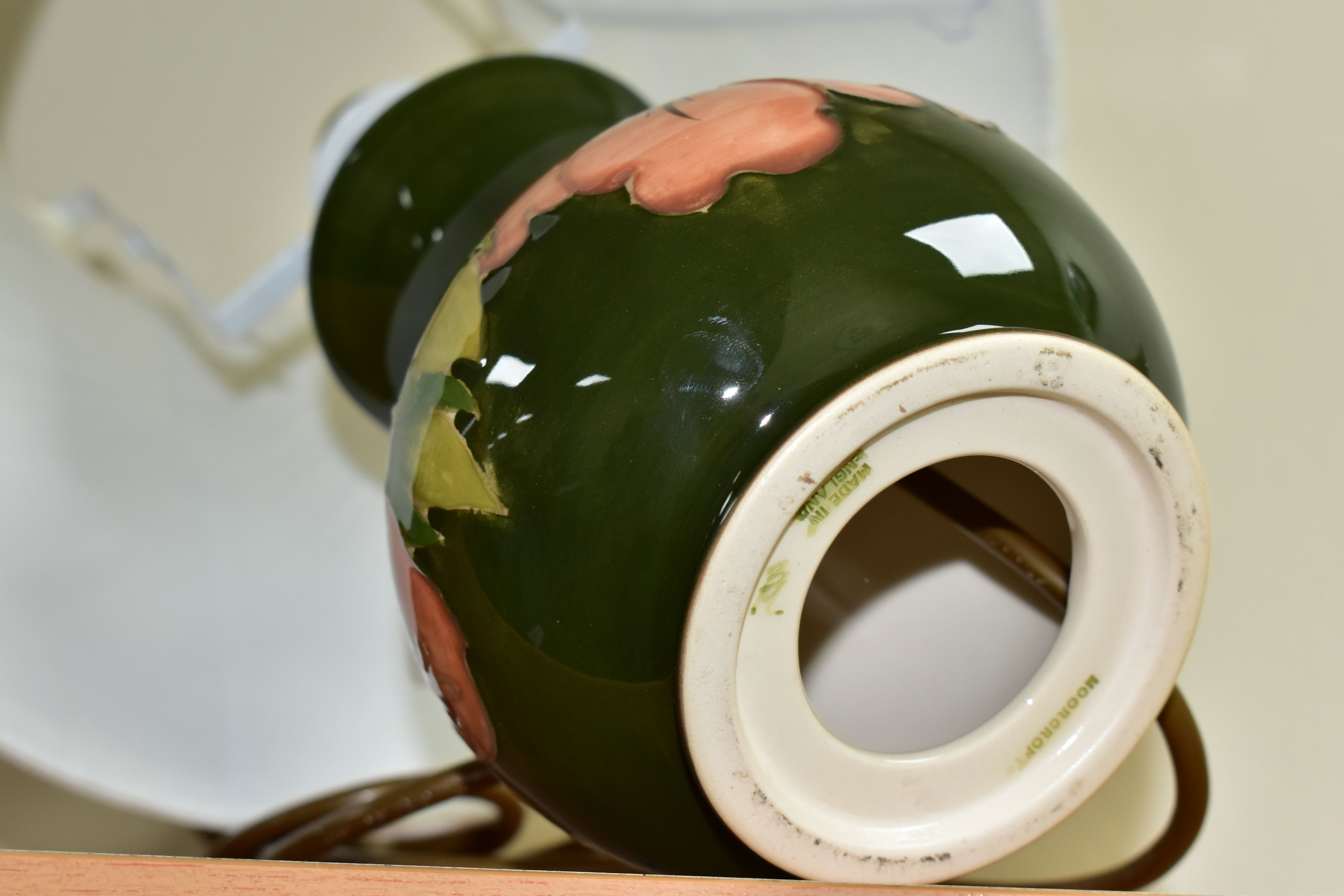 A MOORCROFT POTTERY TABLE LAMP, decorated in the Coral Hibiscus pattern on a green ground, with a - Image 3 of 3