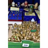 A COLLECTION OF MINIATURE BRASS ITEMS TOGETHER WITH EIGHT BOXED ATLAS DECORATIVE EGGS, comprising