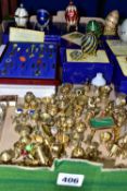 A COLLECTION OF MINIATURE BRASS ITEMS TOGETHER WITH EIGHT BOXED ATLAS DECORATIVE EGGS, comprising