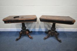 A PAIR OF EARLY VICTORIAN ROSEWOOD CARD TABLES, each with figured rectangular top and moulded edges,