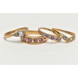 FOUR GEM SET RINGS, to include a five stone amethyst ring, hallmarked 9ct Sheffield, ring size O, an