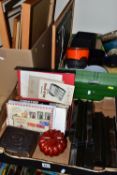 THREE BOXES OF PICTURES, MAH-JONG SET AND ACCESSORIES, STAMPS, PLANTERS AND SUNDRY ITEMS, to include