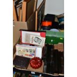 THREE BOXES OF PICTURES, MAH-JONG SET AND ACCESSORIES, STAMPS, PLANTERS AND SUNDRY ITEMS, to include