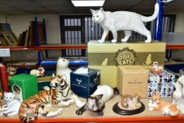 A COLLECTION OF TWELVE CAT FIGURINES AND A TIGER, comprising a Lomonosov Russian porcelain tiger