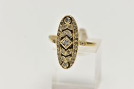 A DIAMOND PLAQUE RING, yellow metal ring set with single cut diamonds, approximate total diamond