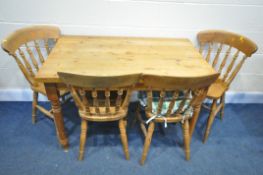 A PINE RECTANGULAR KITCHEN TABLE, width 119cm x depth 75cm x height 76cm, along with a set of four