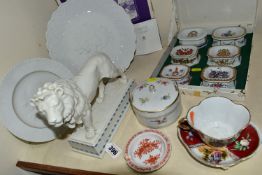 A GROUP OF PORCELAIN ITEMS, to include a white Hutschenreuther lion figure standing on a rectangular