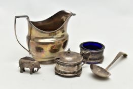 A GEORGIAN SILVER MILK JUG AND OTHER SILVER ITEMS, polished milk jug with worn engraved initials