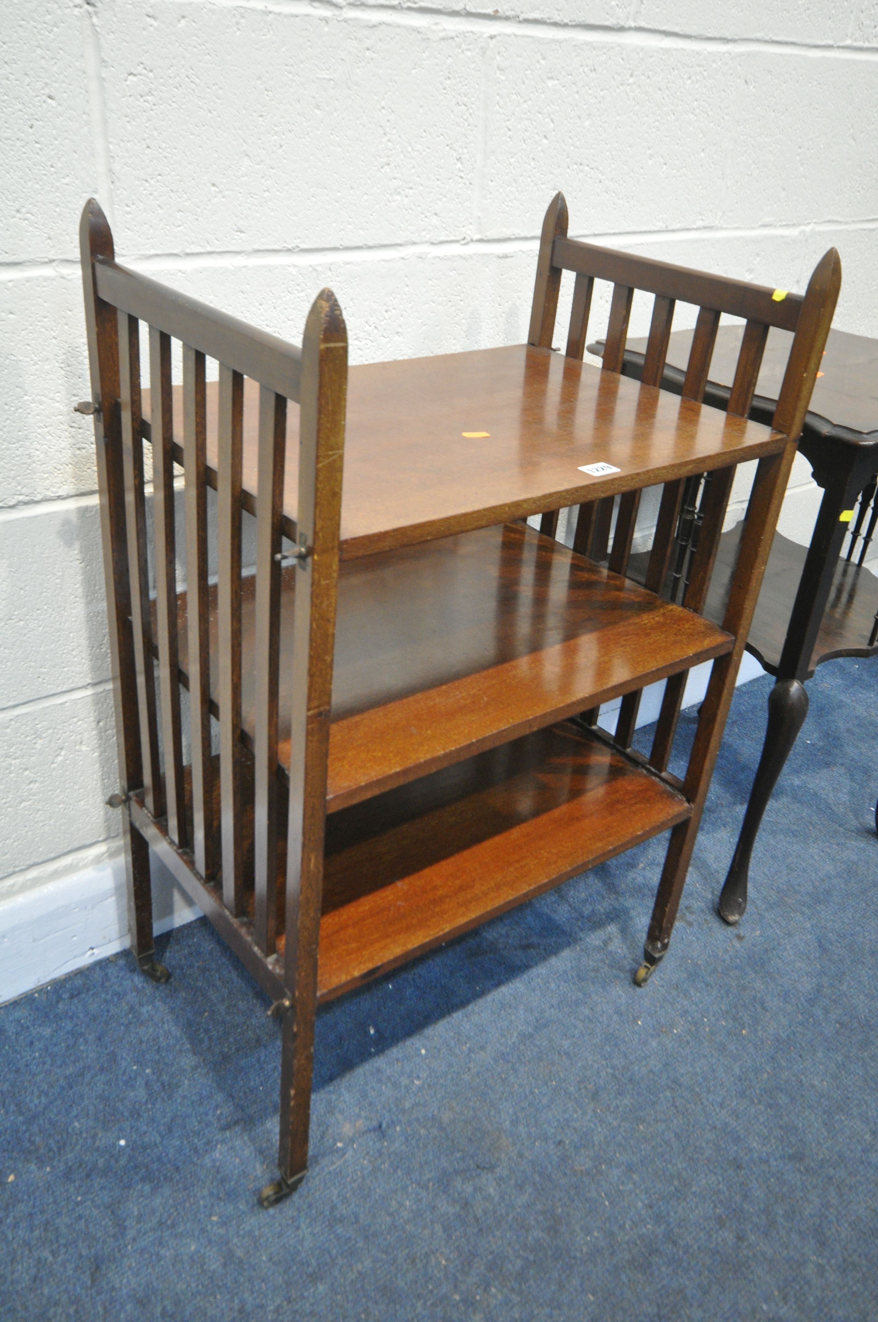 AN EDWARDIAN MAHOGANY THREE TIER STAND, width 56cm x depth 39cm x height 91cm (condition - repair to - Image 3 of 3