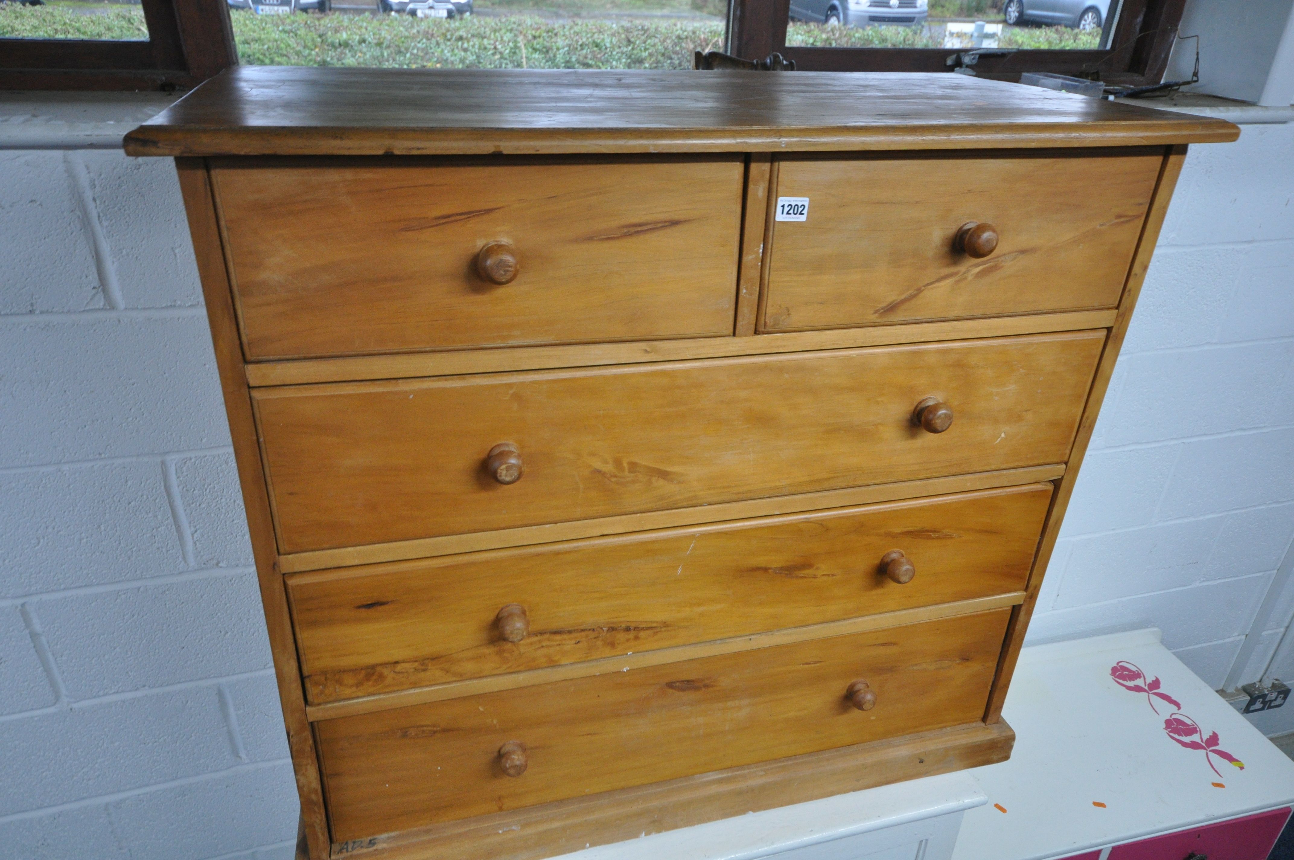 A PINE CHEST OF TWO SHORT OVER THREE LONG DRAWERS, width 102cm x depth 50cm x height 92cm (condition