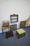 A SELECTION OF OCCASIONAL FURNITURE, to include needlework fire screen, Edwardian wall shelf,