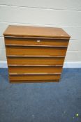 A MID CENTURY TEAK CHEST OF FIVE DRAWERS, width 82cm x depth 45cm x height 82cm (condition - good
