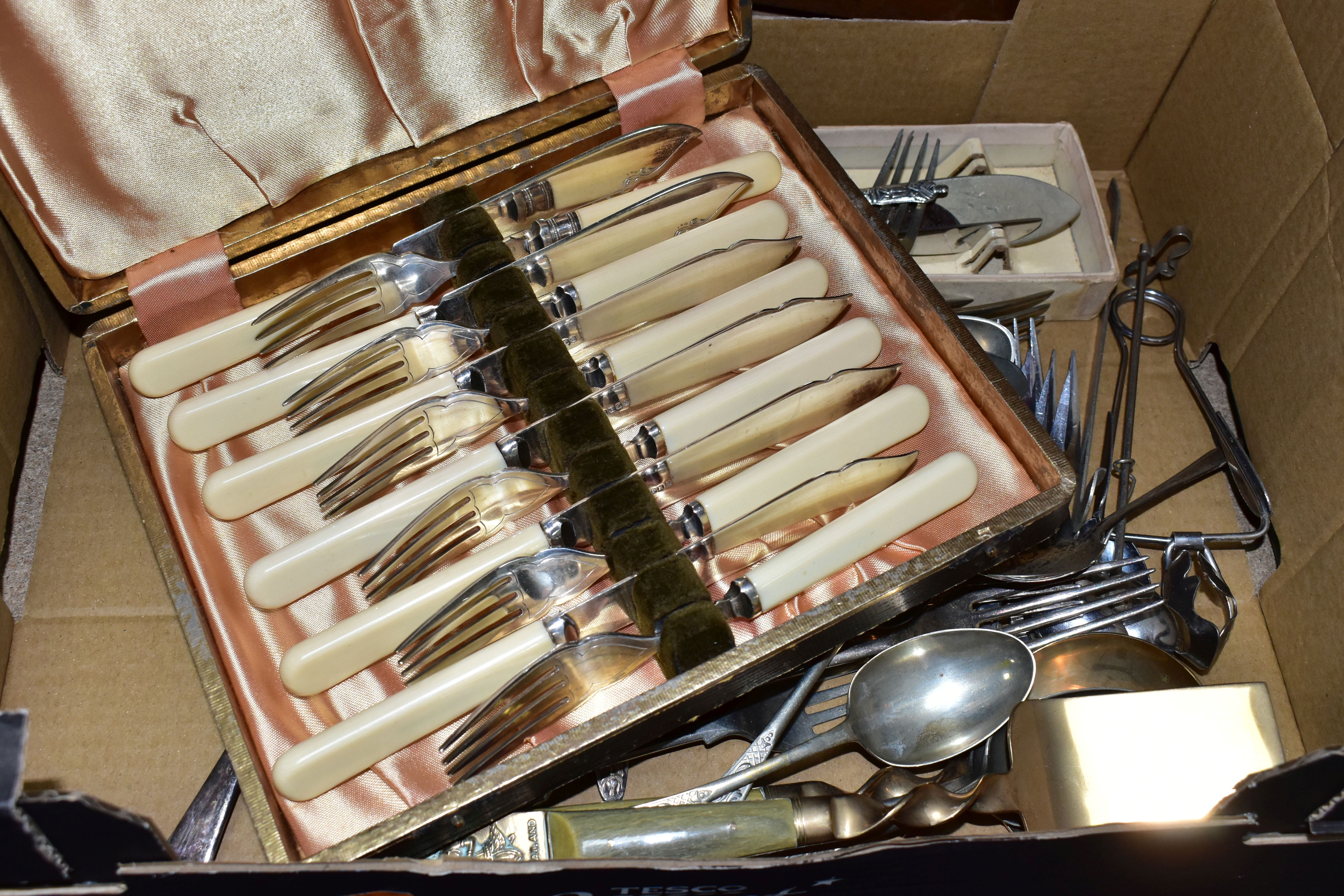 THREE BOXES OF METALWARE AND FRAMED PRINTS, to include a pair of gold gilt candelabras, silver plate - Image 5 of 7