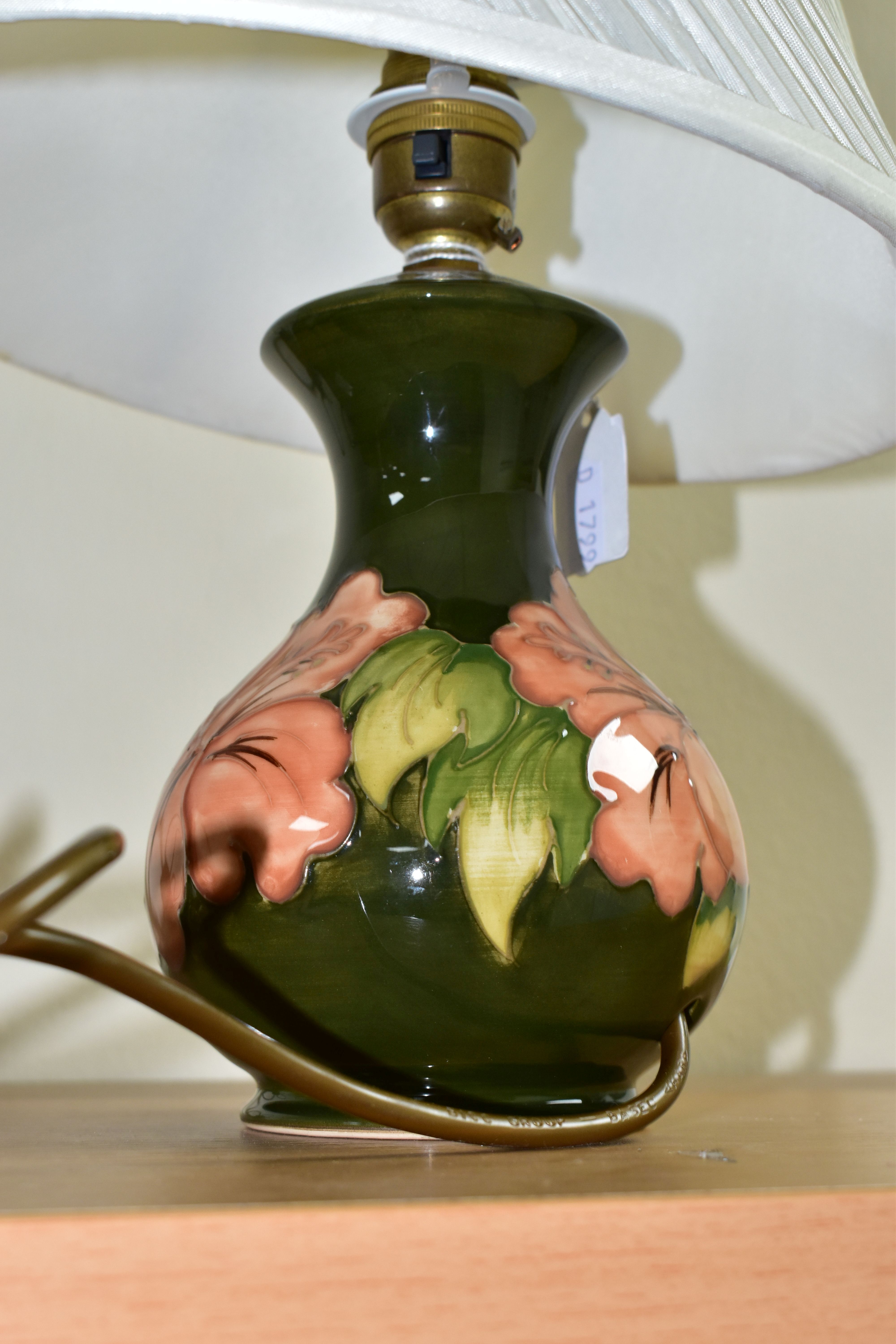 A MOORCROFT POTTERY TABLE LAMP, decorated in the Coral Hibiscus pattern on a green ground, with a - Image 2 of 3