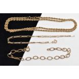 A 9CT YELLOW GOLD ROPE TWIST CHAIN AND TWO BRACELETS, the rope twist chain fitted with a spring