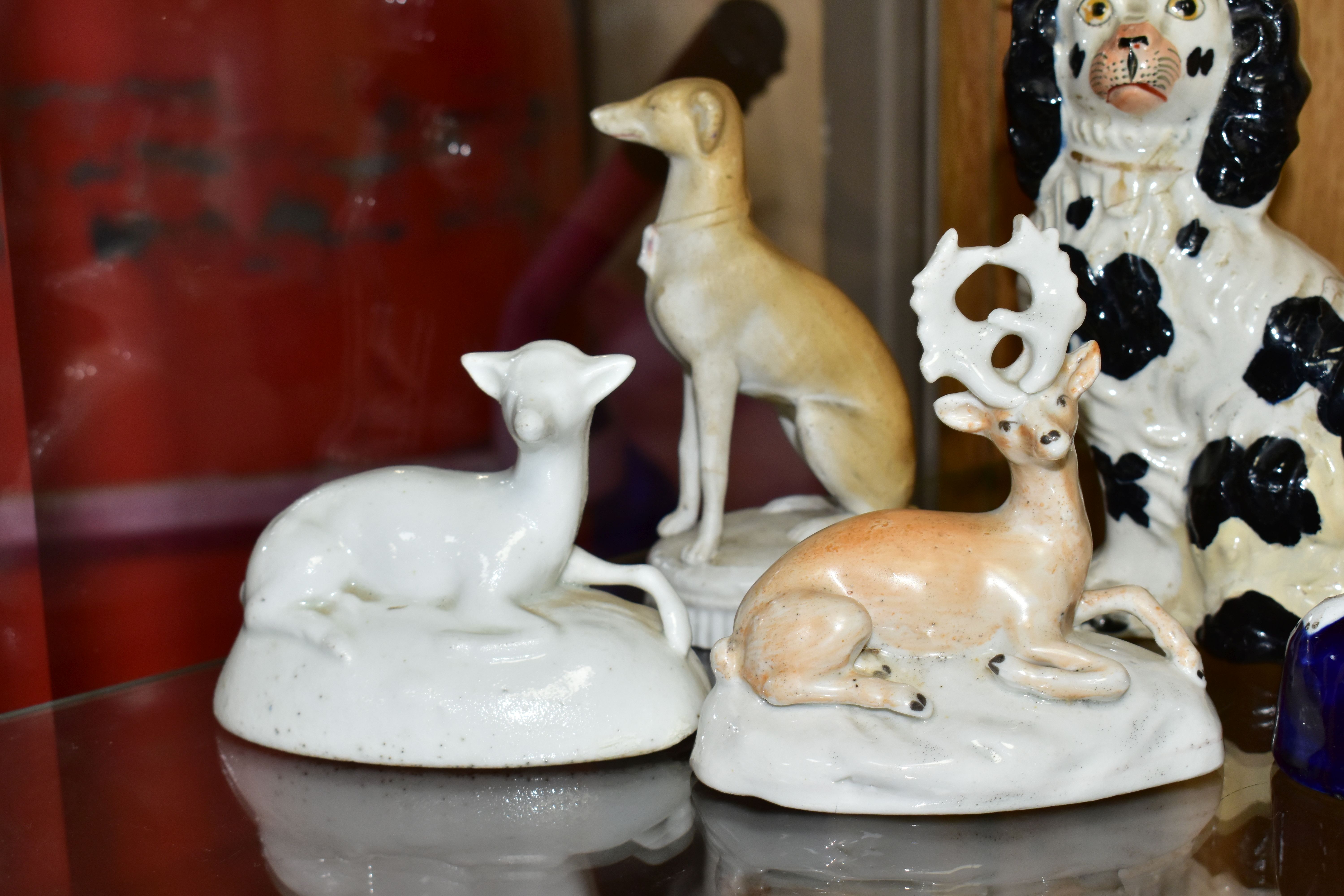 A GROUP OF LATE 19TH CENTURY STAFFORDSHIRE ANIMAL FIGURES, comprising a recumbent Greyhound pen - Image 2 of 7