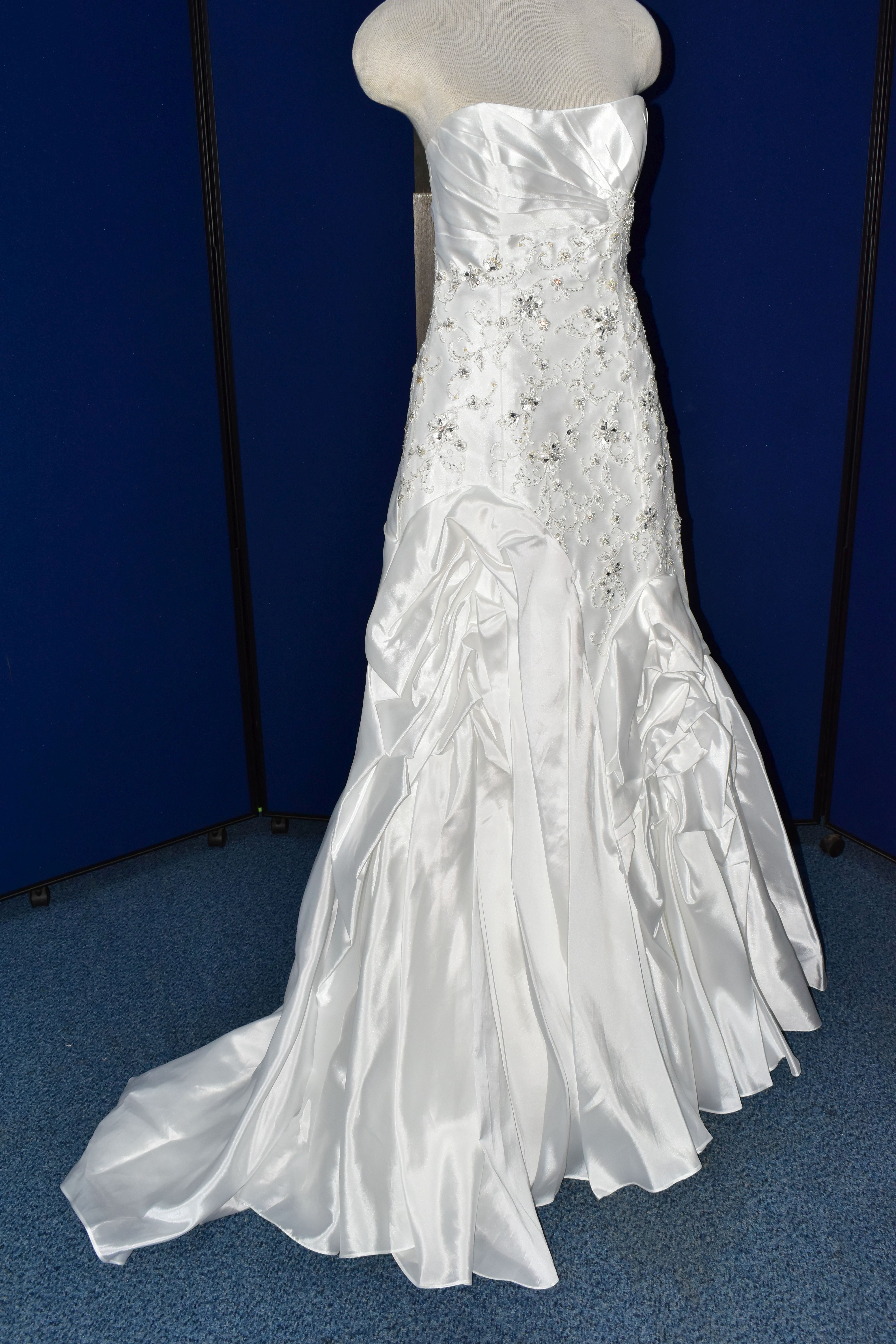 WEDDING GOWN, 'Sophia Tolli' white satin, size 8, strapless, ruched skirt, beaded detail on - Image 10 of 17