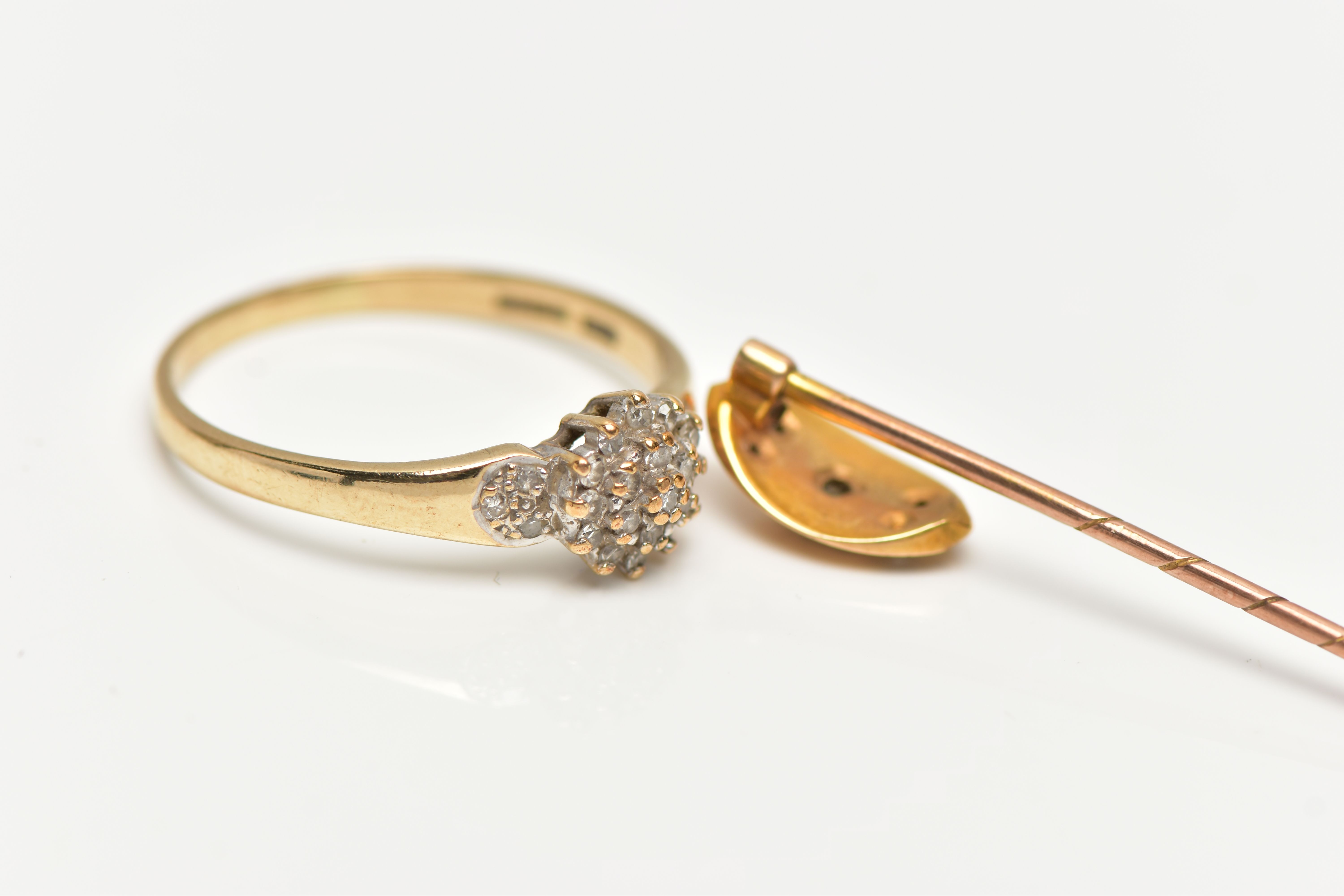 A 9CT GOLD DIAMOND CLUSTER RING AND A DIAMOND STICK PIN, slightly tiered round cluster, set with - Image 4 of 5