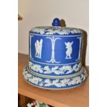 A WEDGWOOD JASPERWARE CHEESE DOME AND BASE, the mid-blue body decorated with figures of putti and