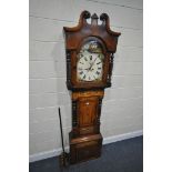 A GEORGE III FLAME OAK, MAHOGANY, AND MARQUETRY INLAID EIGHT DAY LONGCASE CLOCK, the hood with a