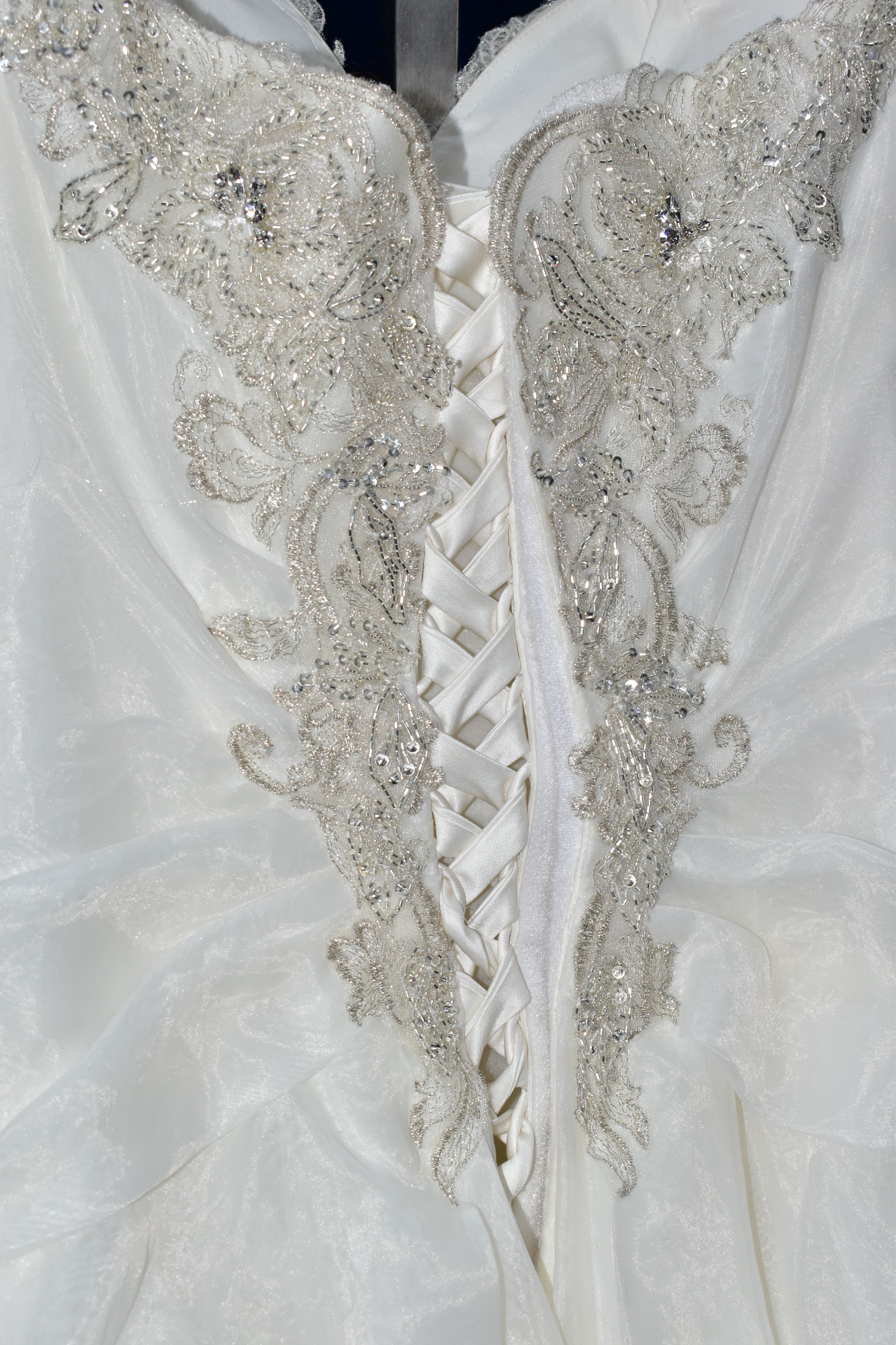 WEDDING DRESS, size 6, long train, pewter accent beaded appliques, strapping detail in the back, - Image 10 of 10