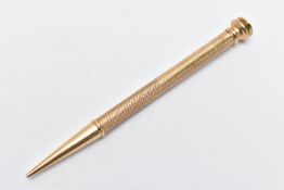 A YELLOW METAL PROPELLING PENCIL, engine turned pattern stamped '9ct gold', AF terminal, length